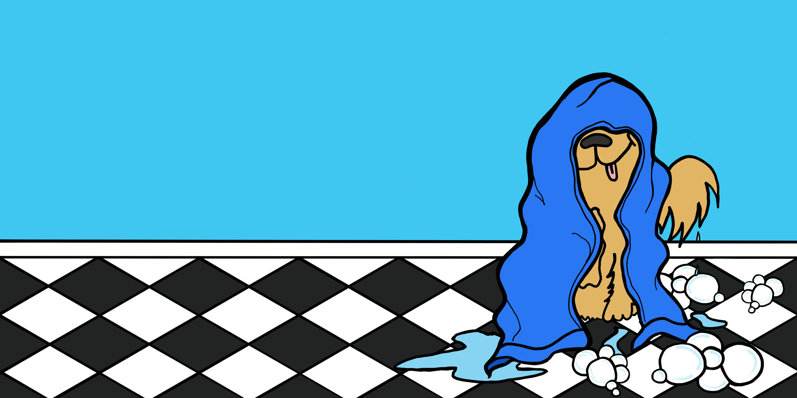 Scruffy Puppy wrapped in a blue towel after his bath, dripping on the tiles
