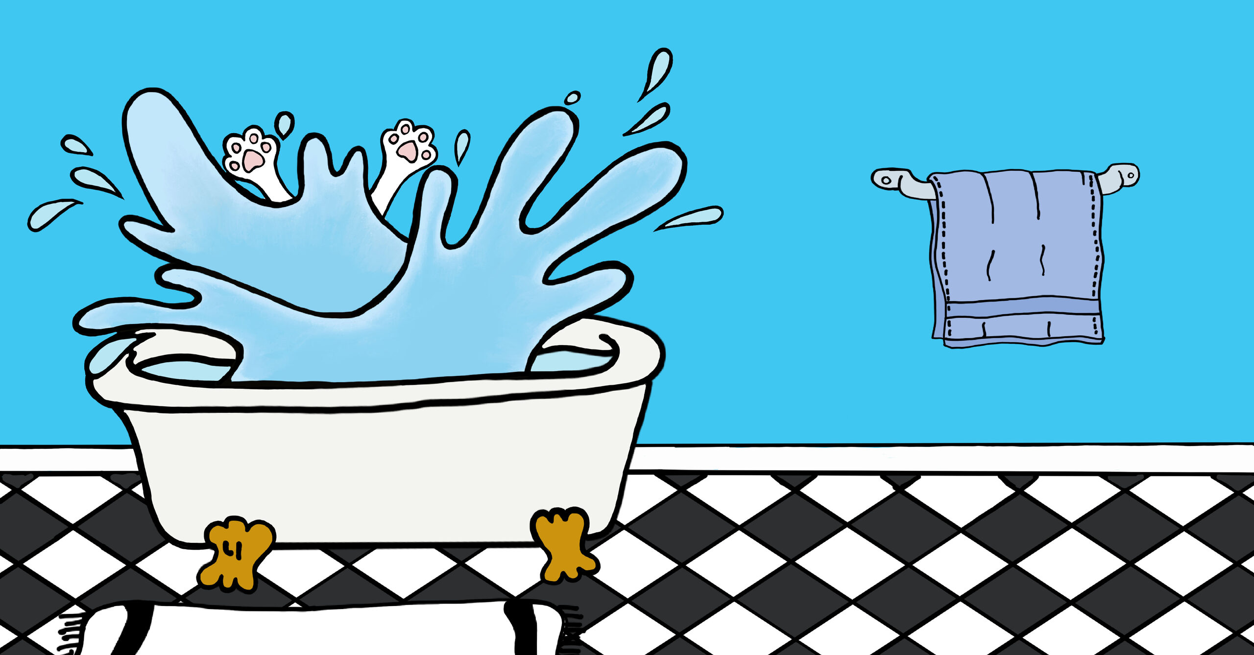 A great splash coming out of the bathtub, with two of Kitty’s paws in the air